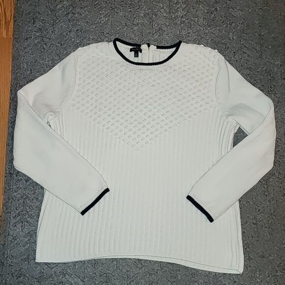 Talbots womens white cable bobble knit 3D sweater Sz XL navy trim 100% cotton - Picture 1 of 14